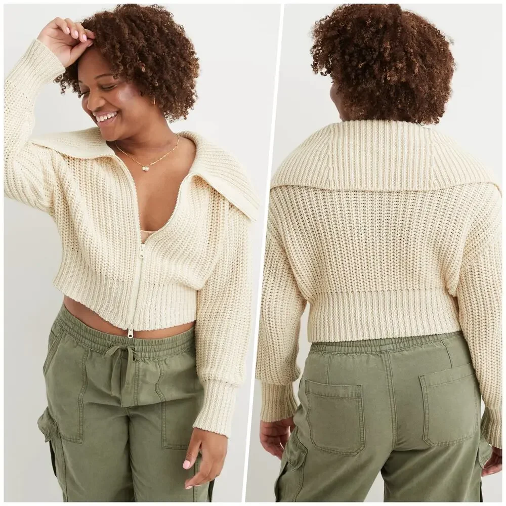 Aerie | Women | Double Zip Cream Ribbed Cotton Yarn Cropped Cardigan | Small